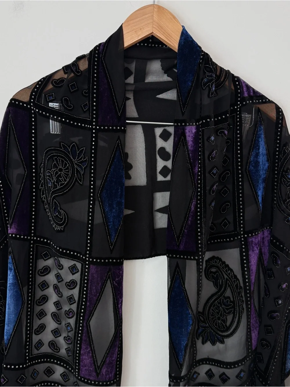 Vintage Burnout Velvet Silk Blend Scarf Shawl Black Purple Devoré Whimsigoth